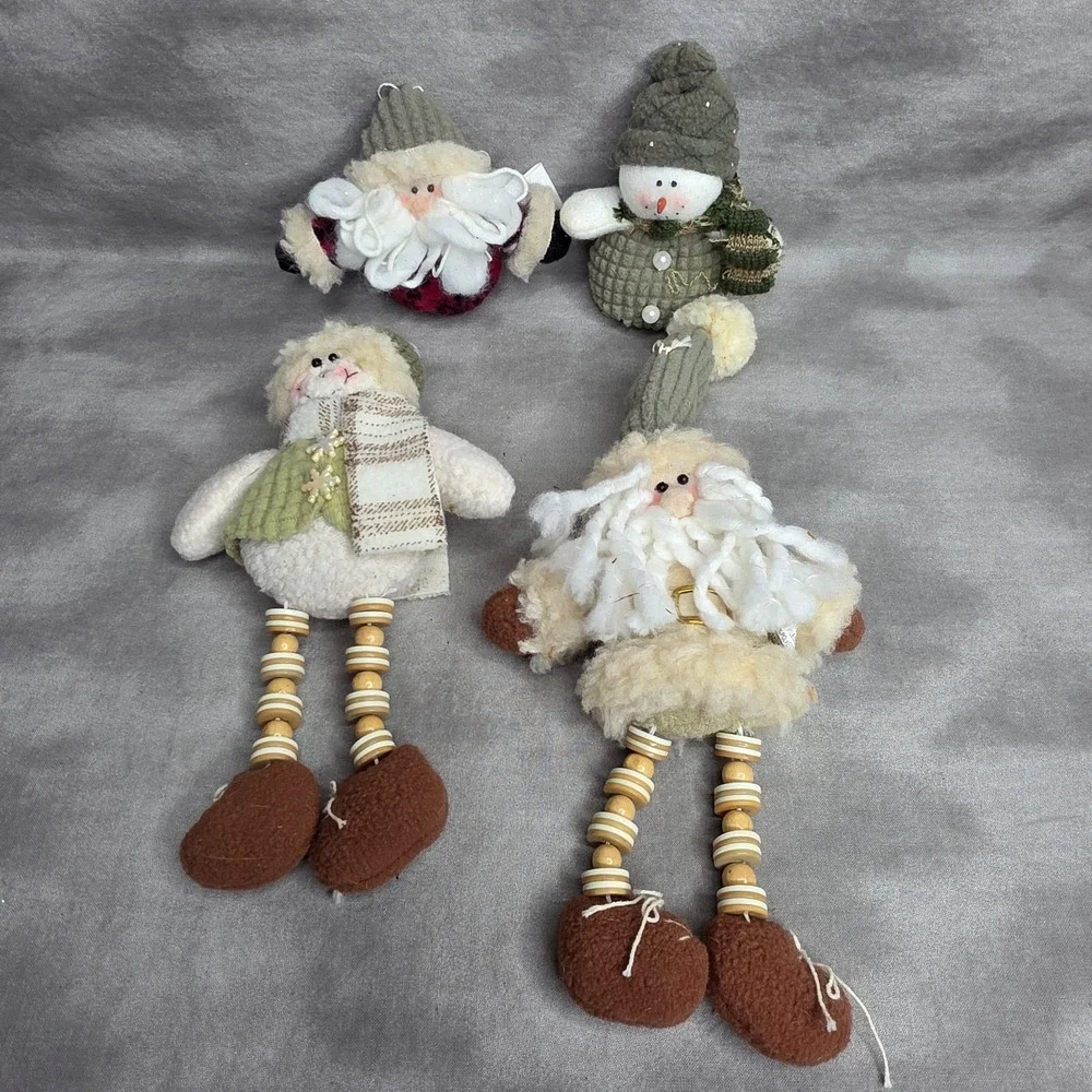 SET of 4 Christmas Oranaments Spool Dolls Bean Bag Plushes Snowman Santa Country